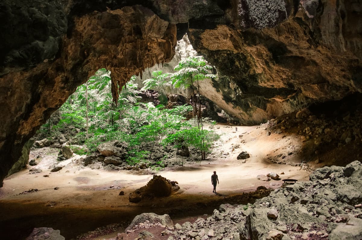 Inside Lod Cave with dramatic limestone formations