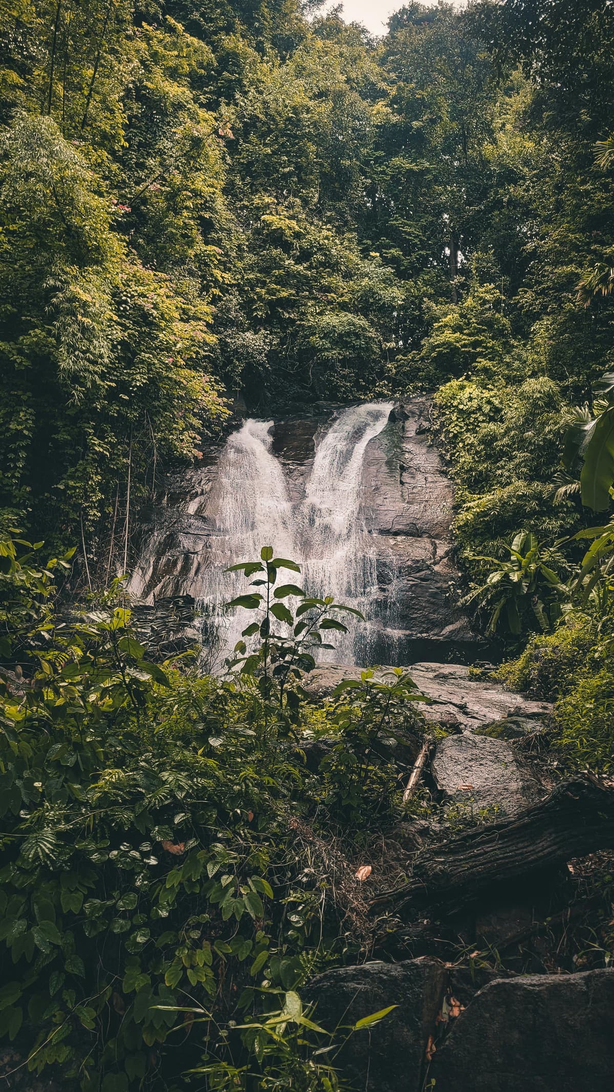 Beautiful waterfall cascading through lush jungle near Pai